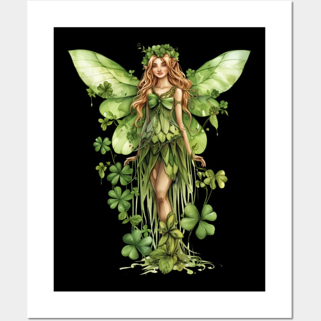 Lovely Saint Patrick's Day Fairy standing in four leaf clovers and shamrocks happy St. Patricks Day Wall Art by Tees 4 Thee